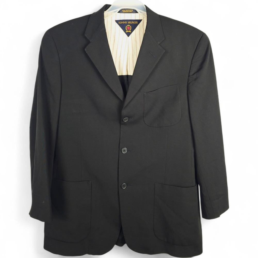 VTG Tommy Hilfiger Dillard's Blazer 42R Black Wool Lycra 3-Button Patch Pockets